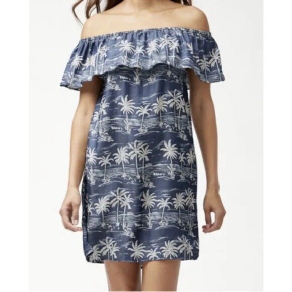 Tommy Bahama Dresses & Skirts - NWT Tommy Bahama Blue Palm Trees Off The Shoulder Ruffle Dress pockets L Large